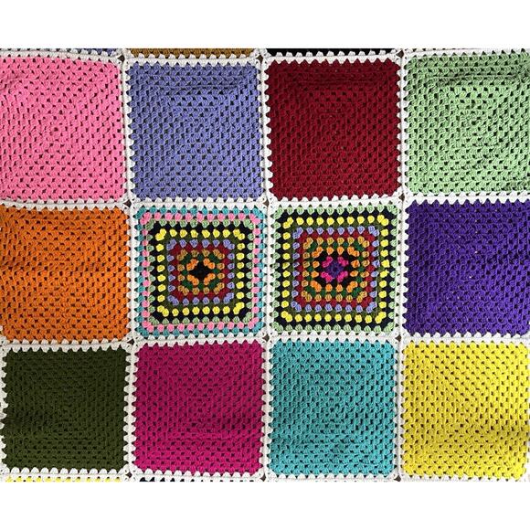 Vtg Crochet Granny Square Roseanne Blanket MultiColored Afghan Throw 66" X 51" - Picture 9 of 11